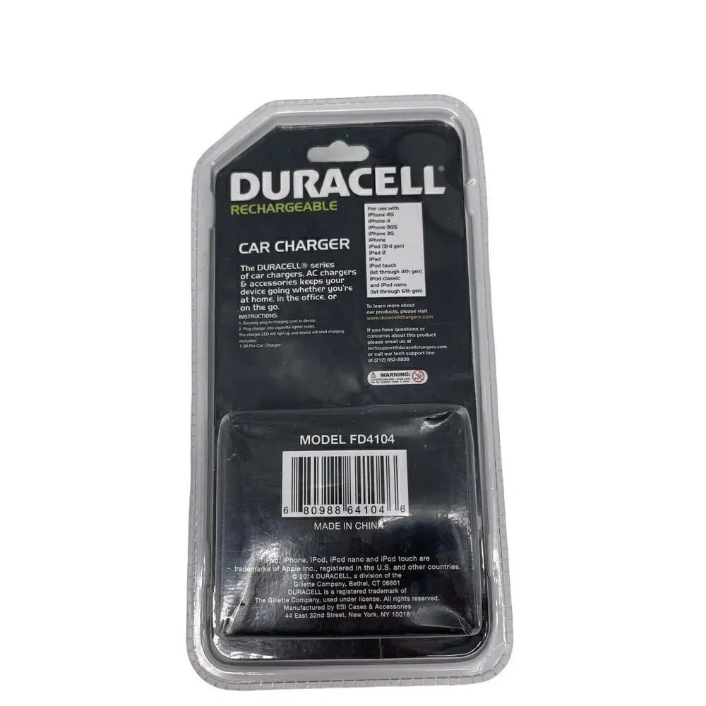 Duracell Fast Charging Car Charger iPhone 4 4s 3GS 3G iPad 2 Touch iPod 30 Pin